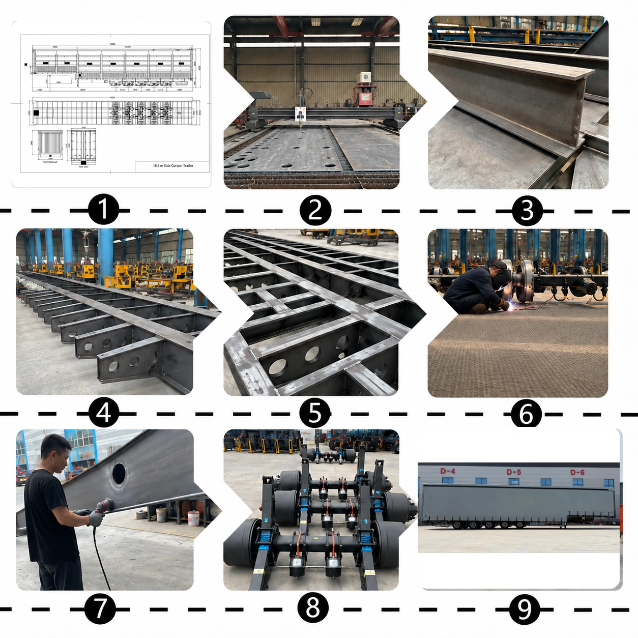 Curtain side trailer production from steel cutting and frame welding to final body assembly